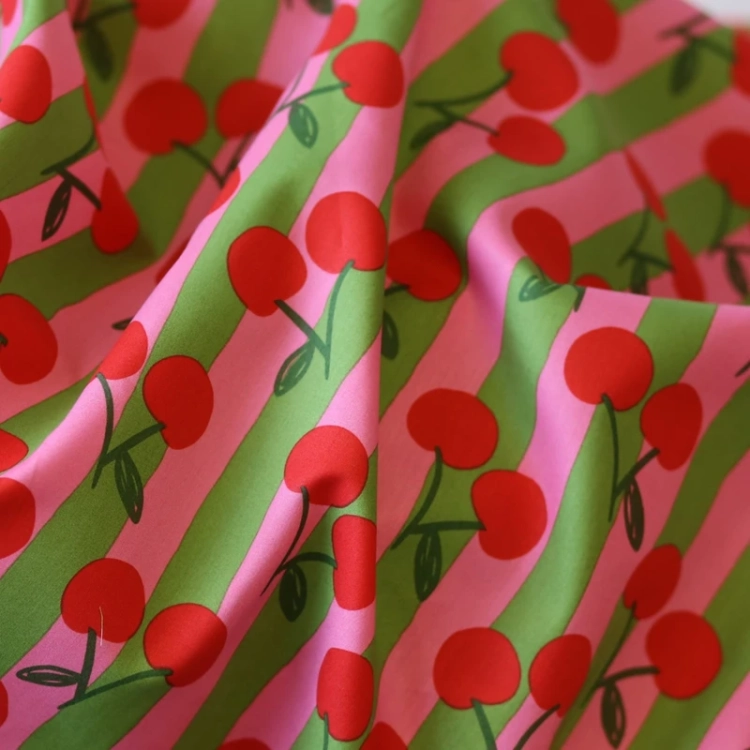 Materiał popelina czereśnie różowy paski