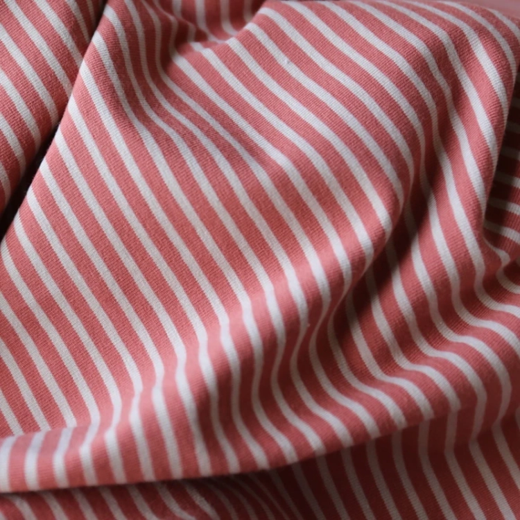 Jersey Bawełniany w Paski Drobne Piaskowy Czerwone