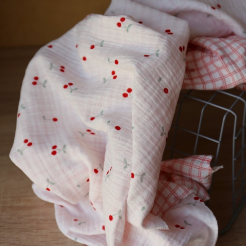 Muślin Drukowany Dwustronnie Wiśnie - Kratka