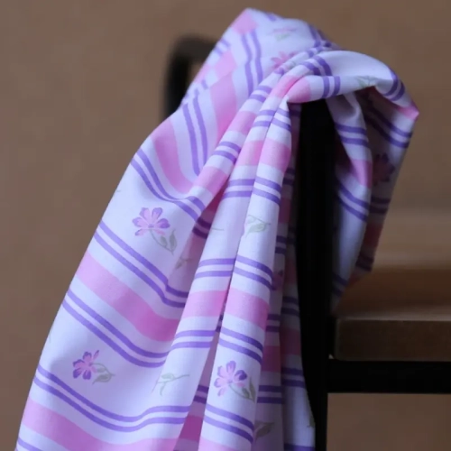 Popelina Bawełniana - Kwiatowe Paski - Fioletowy