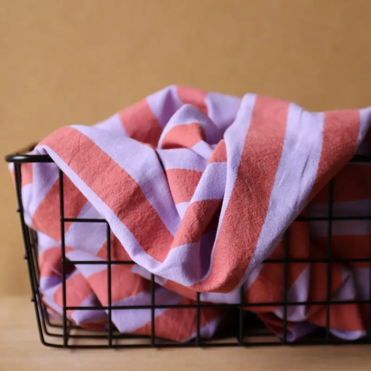 Tkanina Bawełniana Uprana w Paski - Lawenda/Pomarańcz