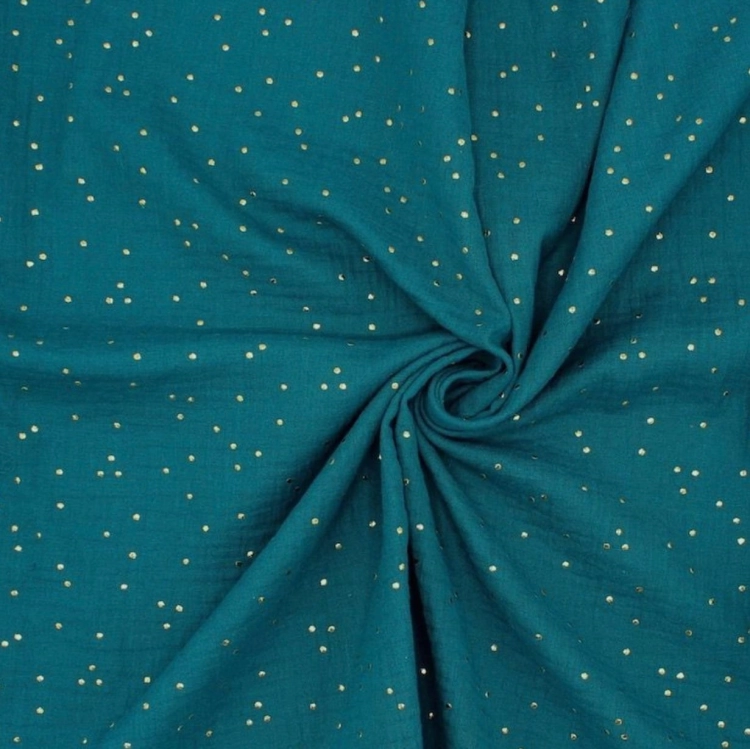 Turkusowy muślin bawełniany w złote kropki