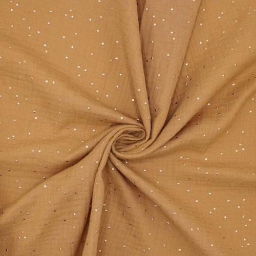 Turkusowy muślin bawełniany double gauze w złote kropki