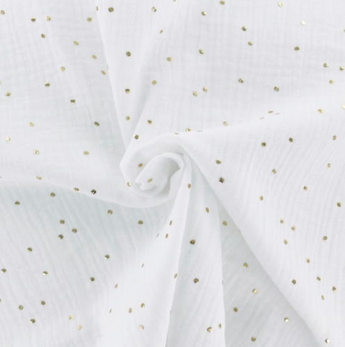 Muślin Bawełniany Double Gauze Gold Biały Złote Kropki