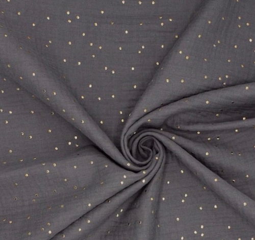 Tkanina Muślin Bawełniany Double Gauze Antracytowy Złote Kropki