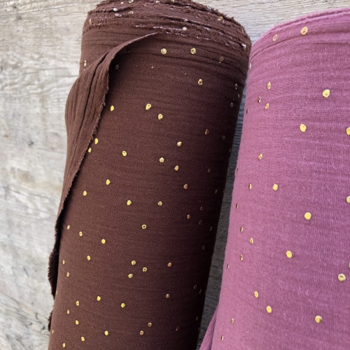 Muślin brązowy w złote kropki