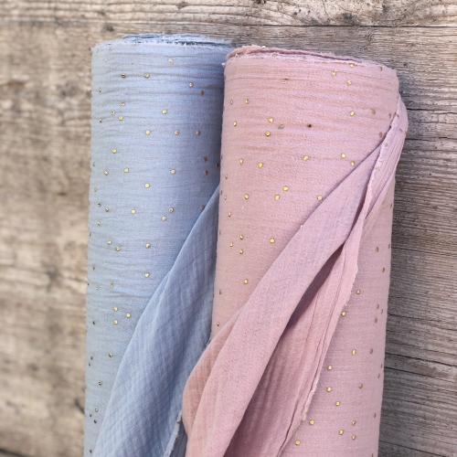 Błękitny Muślin Bawełniany Double Gauze Gold w Złote Kropki