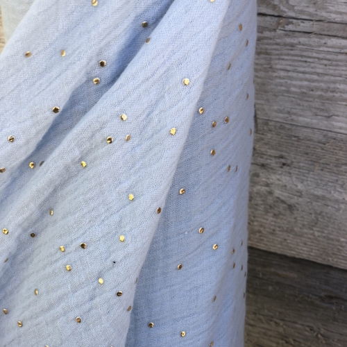 Muślin Bawełniany Double Gauze Gold Błękitny Złote Kropki