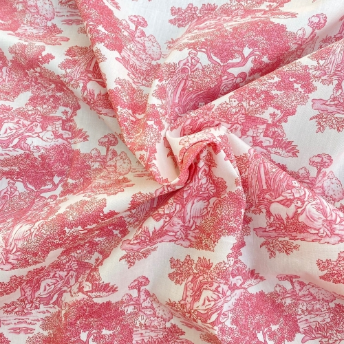 Różowa tkanina bawełniana premium Toile de Jouy w klasyczny wzór sielskich scenek rodzajowych na białym tle.