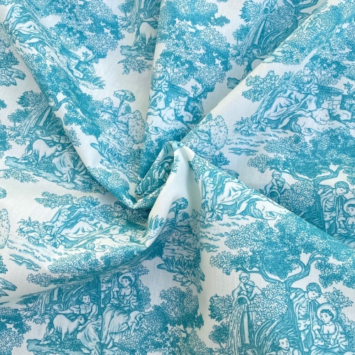 Turkusowa tkanina bawełniana premium Toile de Jouy w klasyczny wzór sielskich scenek rodzajowych na białym tle.