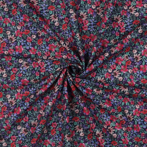 Granatowa popelina bawełniana z kwiatowym nadrukiem