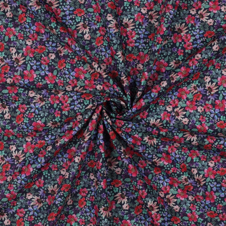 Granatowa popelina bawełniana z kwiatowym nadrukiem