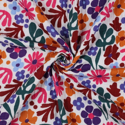 Muślin Drukowany Giga Kwiaty - Biały